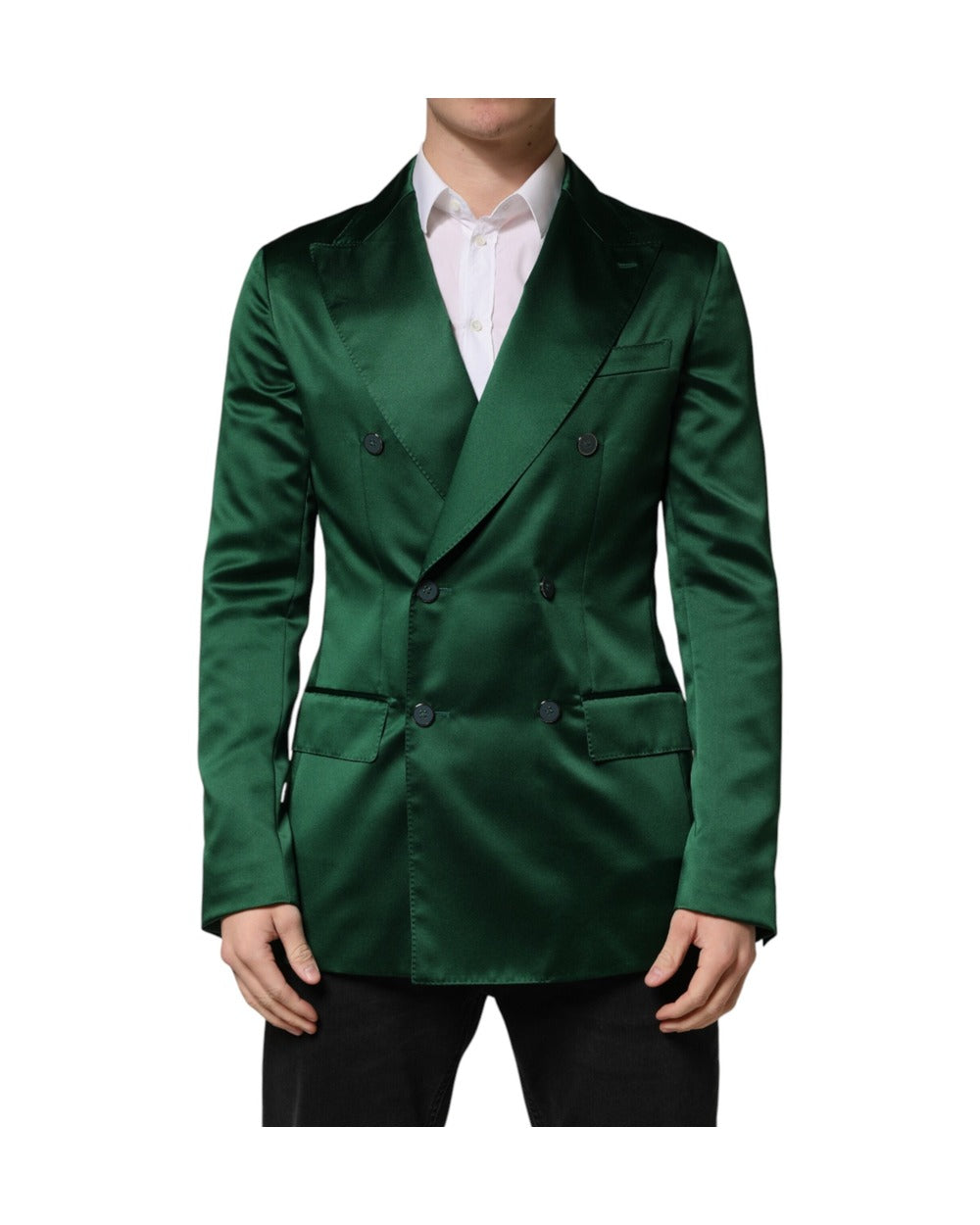 Dolce & Gabbana Green Satin Double Breasted Jacket Blazer