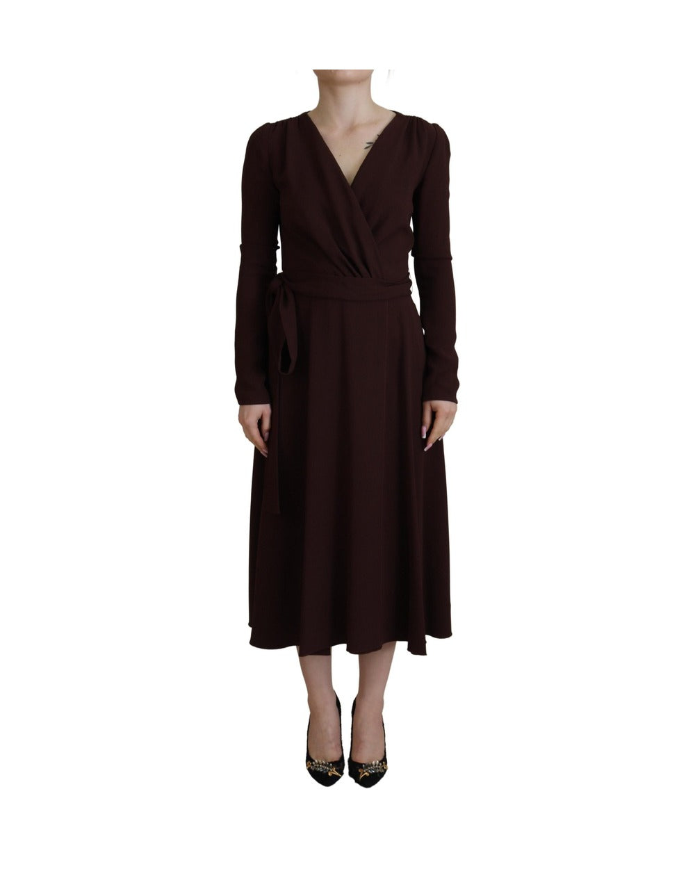 Dolce & Gabbana Brown Wrap Long Sleeve Midi Stretch Dress