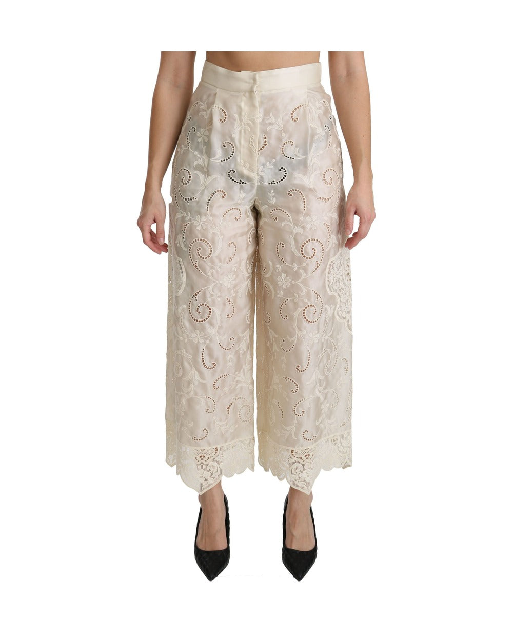 Dolce & Gabbana Cream Lace High Waist Palazzo Cropped Pants