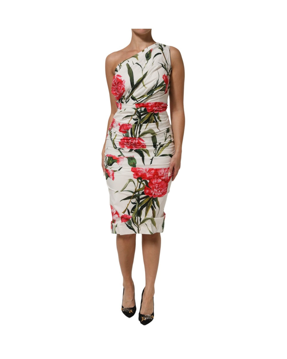 Dolce & Gabbana White Floral One Shoulder Sheath Dress