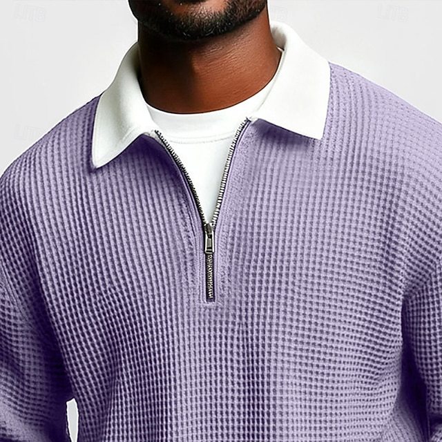 Men's Solid-Color Waffle-Weave Long-Sleeve Lapel Zip-Up Shirt Signvm Project