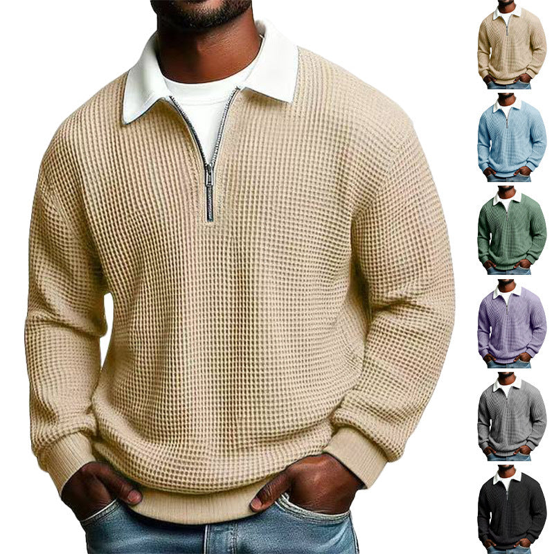Men's Solid-Color Waffle-Weave Long-Sleeve Lapel Zip-Up Shirt Signvm Project