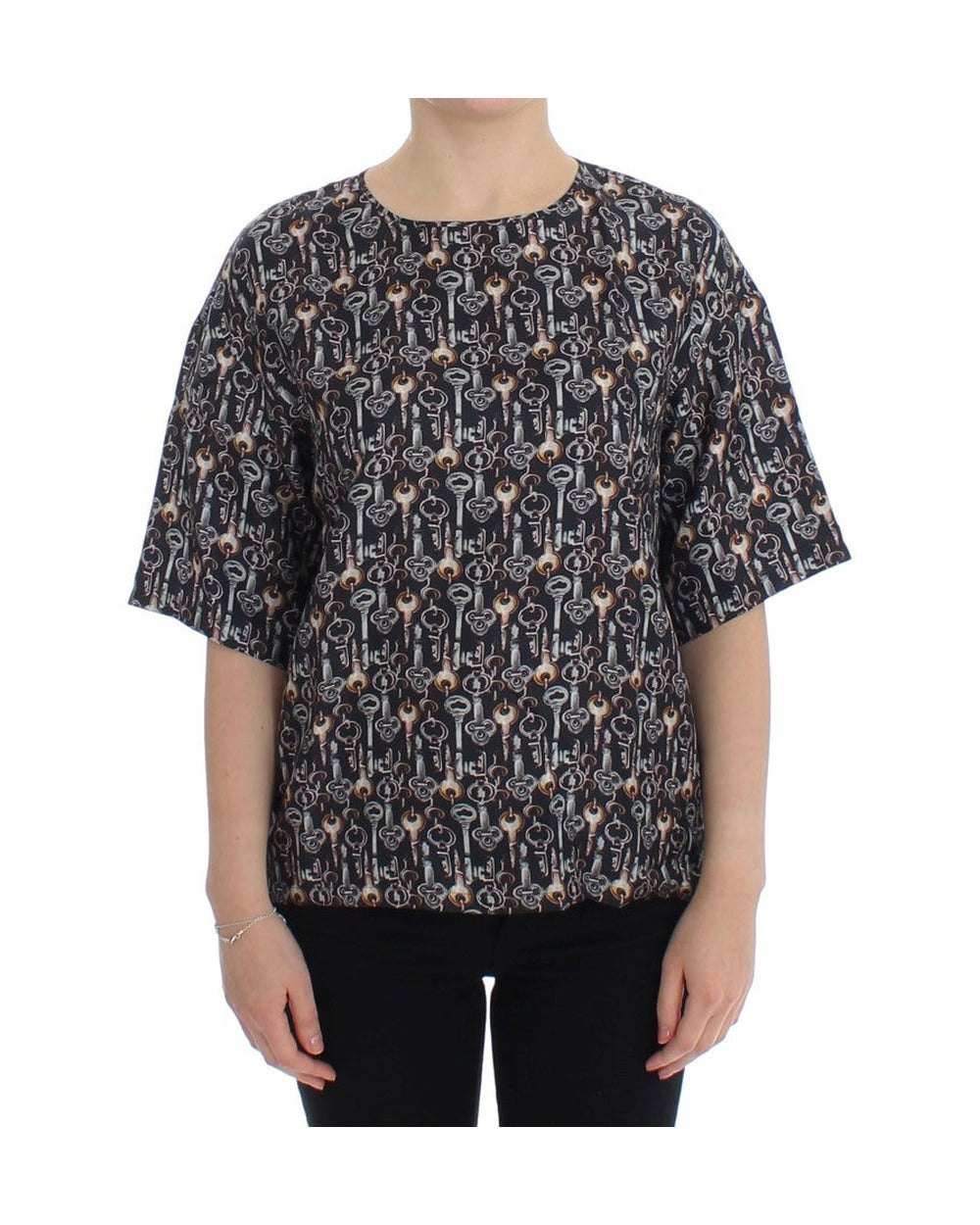 Dolce & Gabbana Gray Gold Key Print Silk Blouse T-shirt