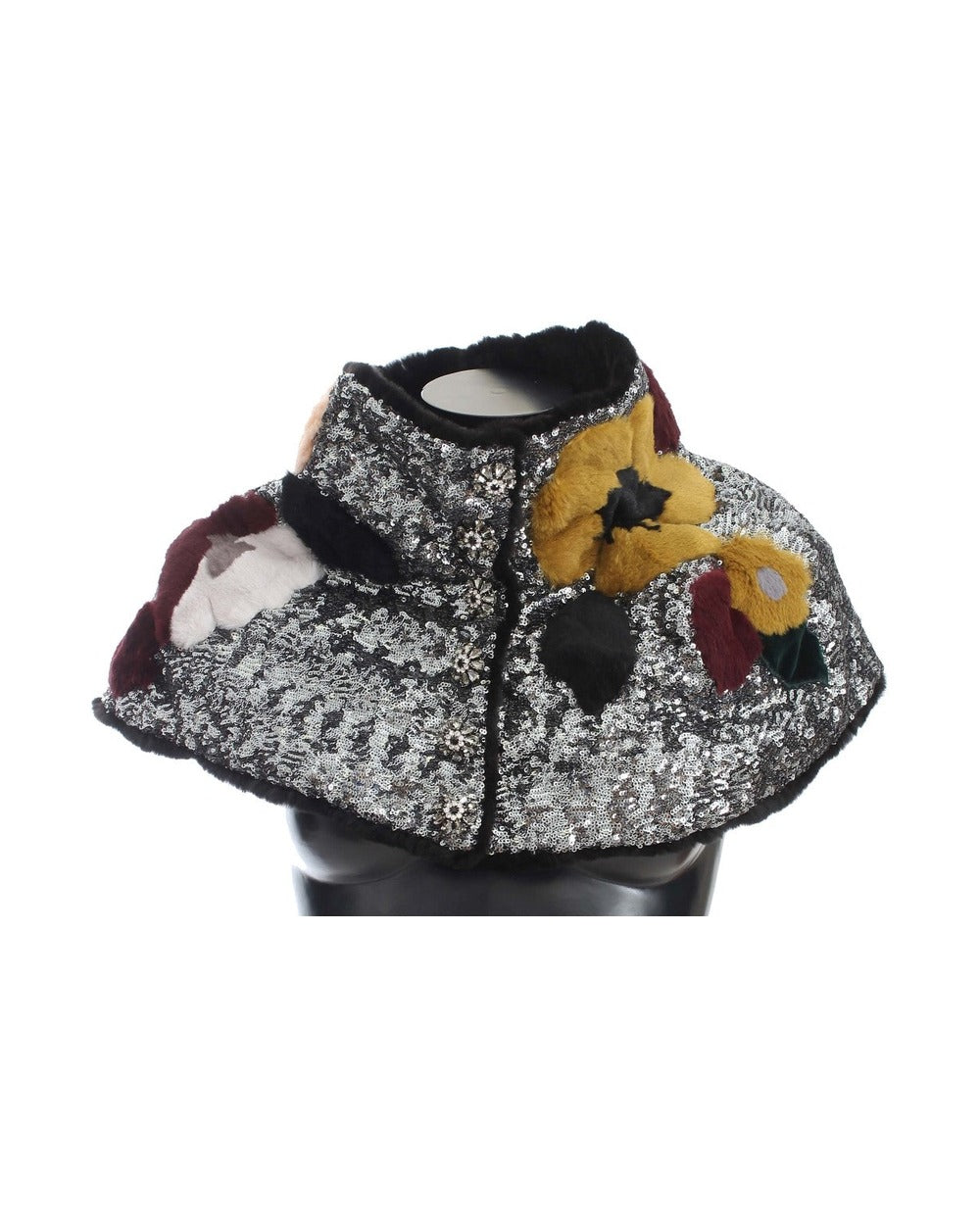 Dolce & Gabbana Silver Sequined Floral Weasel Fur Shoulder Scarf Wrap