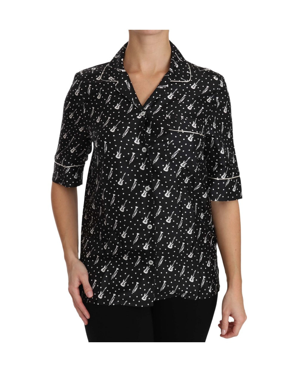Dolce & Gabbana Black GuitarTrumpet Print Silk Shirt Top