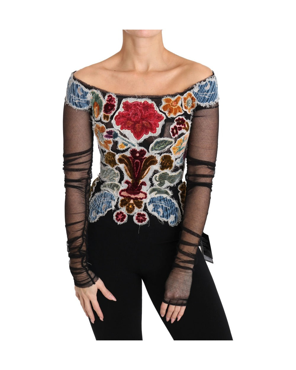 Dolce & Gabbana Black Floral Ricamo Top T-shirt Blouse