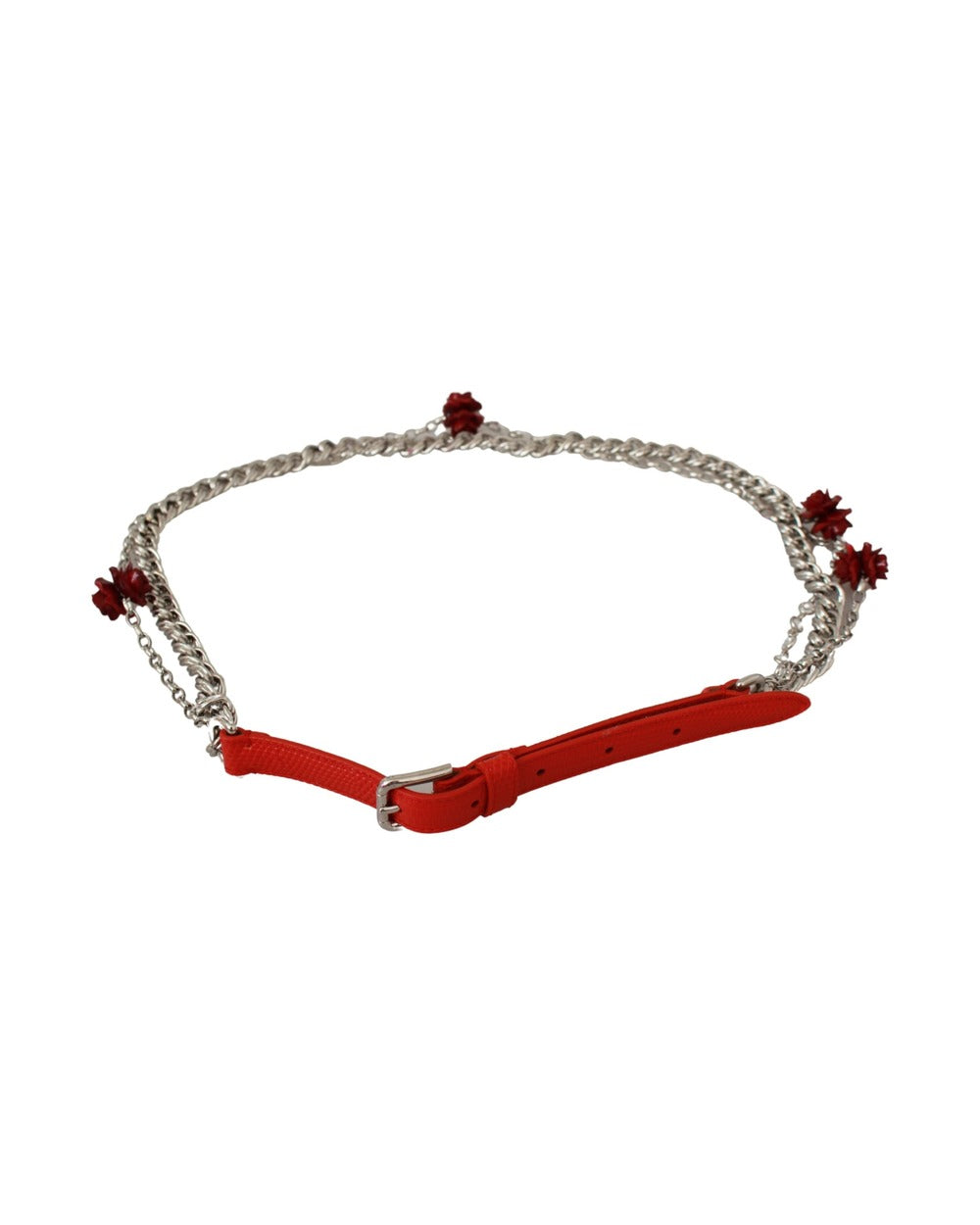 Dolce & Gabbana Red Leather Roses Floral Silver Waist Belt
