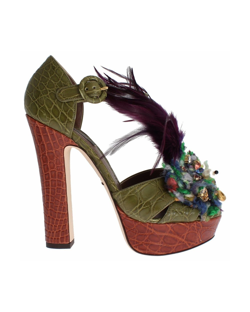 Dolce & Gabbana Green Leather Crystal Platform Sandal Shoes