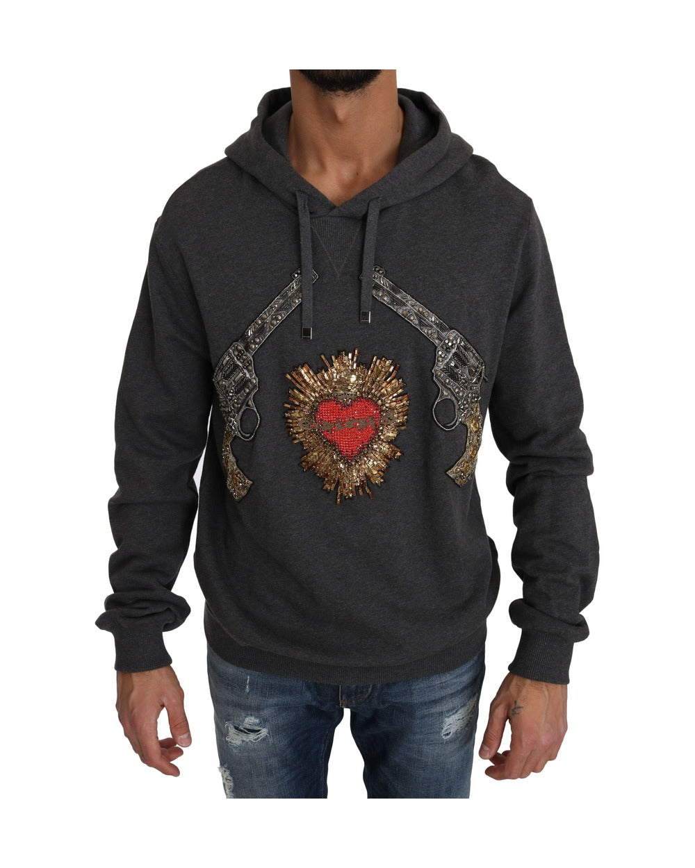 Dolce & Gabbana Gray Hooded Red Crystal Heart Gun Sweater