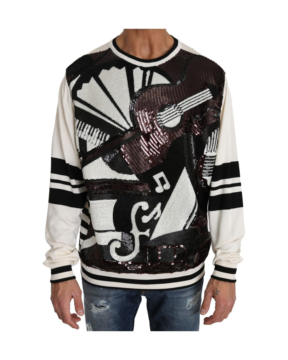 Dolce & Gabbana White Jazz Sequined Guitar Pullover Top Sweater
