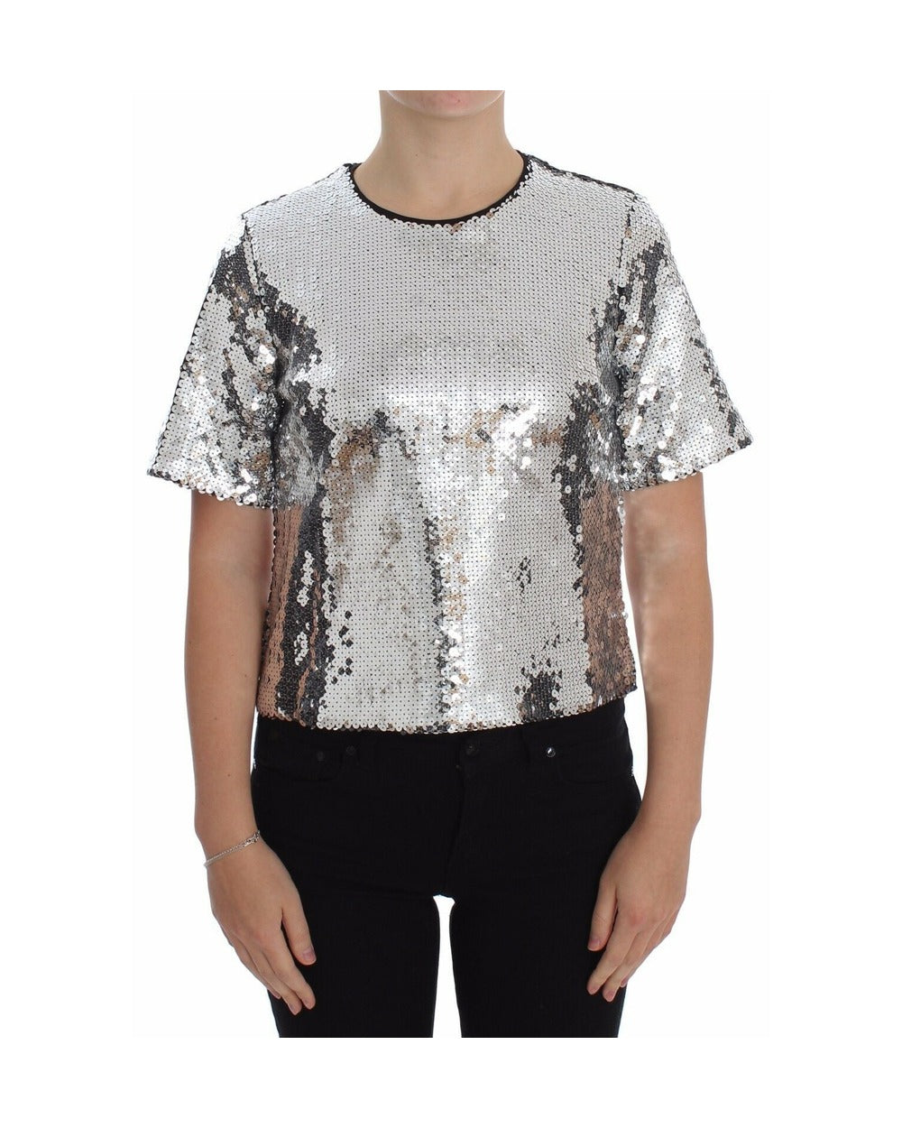 Dolce & Gabbana Silver Sequined Crewneck Blouse T-shirt Top