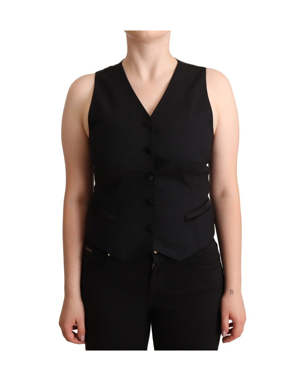 Dolce & Gabbana Black Button Down Sleeveless Viscose Vest Top
