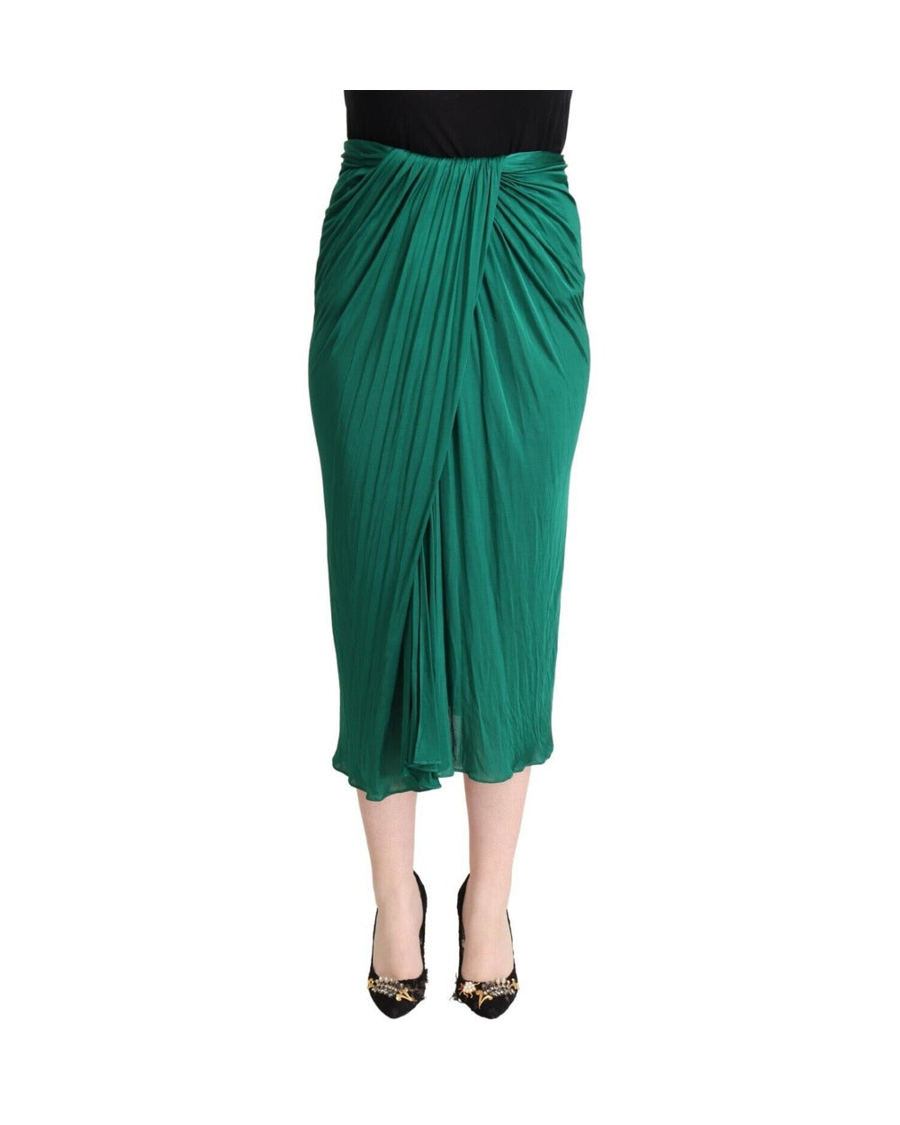 Dolce & Gabbana Dark Green High Waist Midi Pencil Cut Pleated Skirt