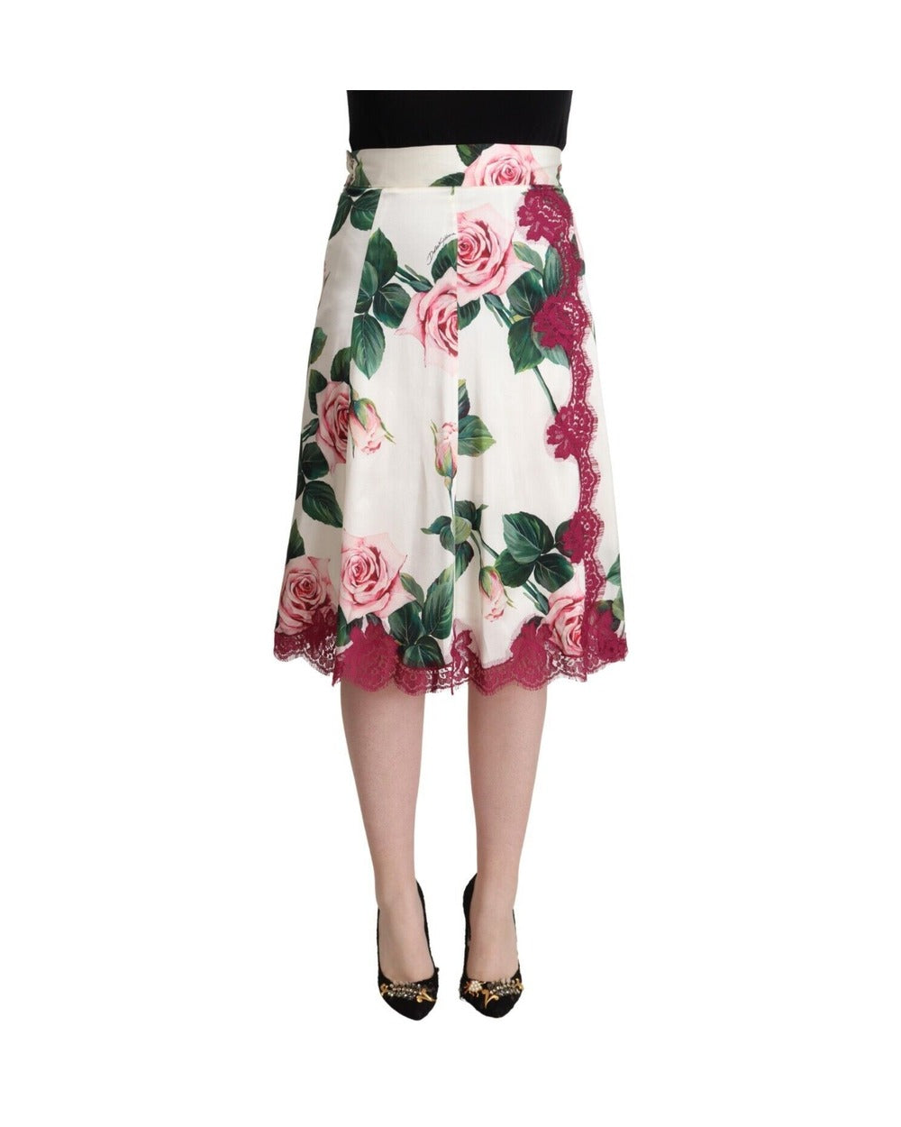 Dolce & Gabbana White Rose Print High Waist Midi A-line Skirt