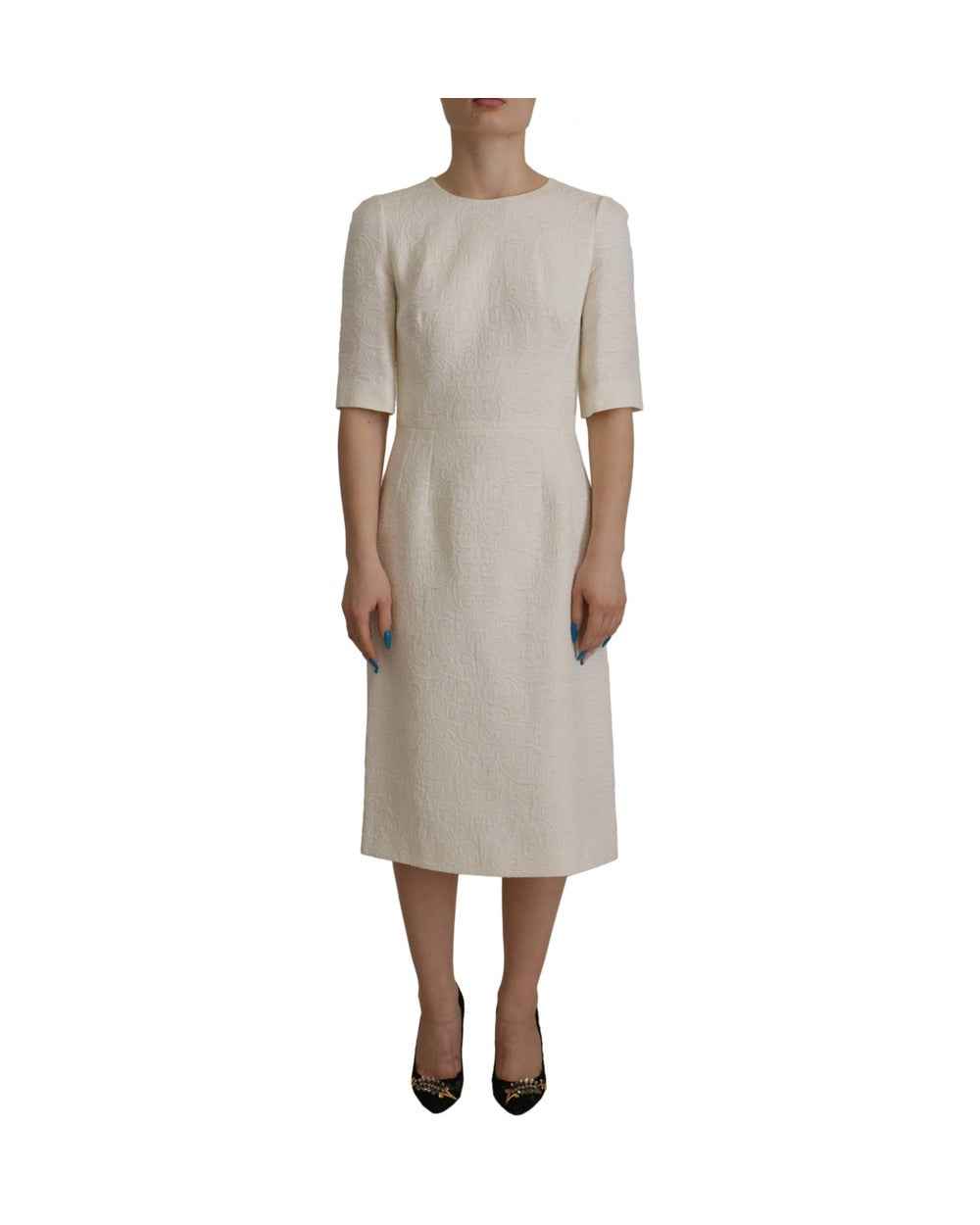 Dolce & Gabbana White Jaquard Midi Floral Sheath Brocade Dress