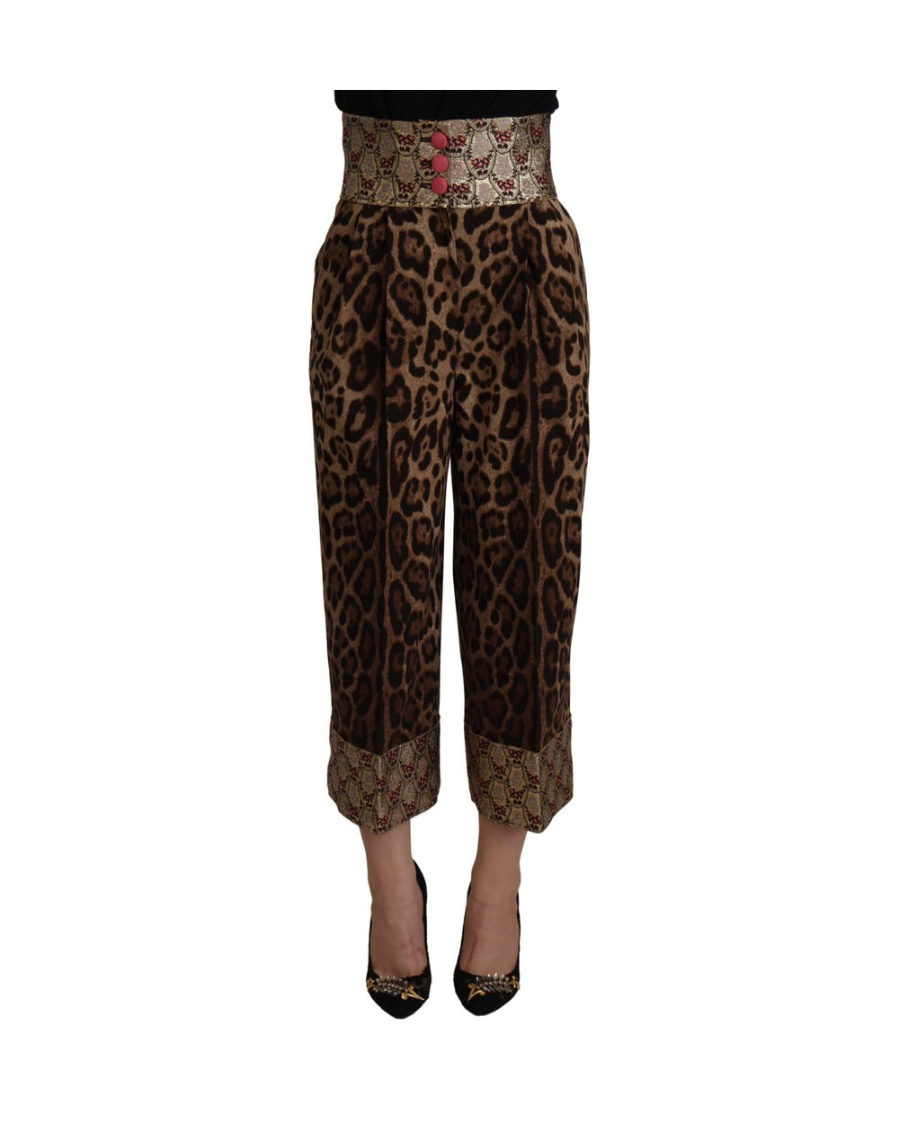 Dolce & Gabbana Brown Leopard Gold Jacquard High Waist Pants