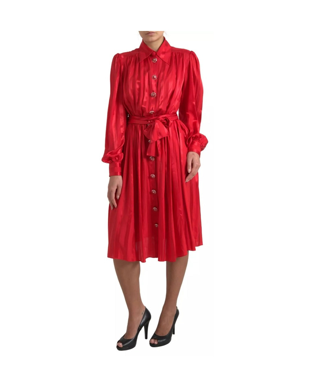 Dolce & Gabbana Red Button Down Belted Midi Satin Silk Dress