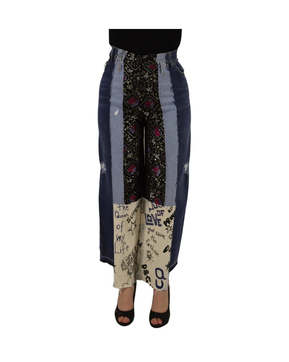 Dolce & Gabbana Multicolor Patchwork DG Fashion Wide Leg Denim Pant