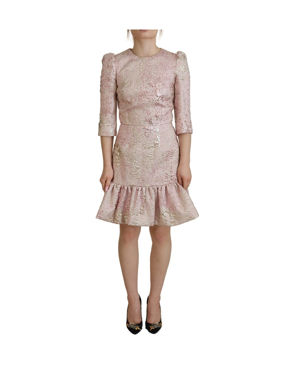 Dolce & Gabbana Pink Jaquard 3/4 Sleeve Sheath Midi Dress