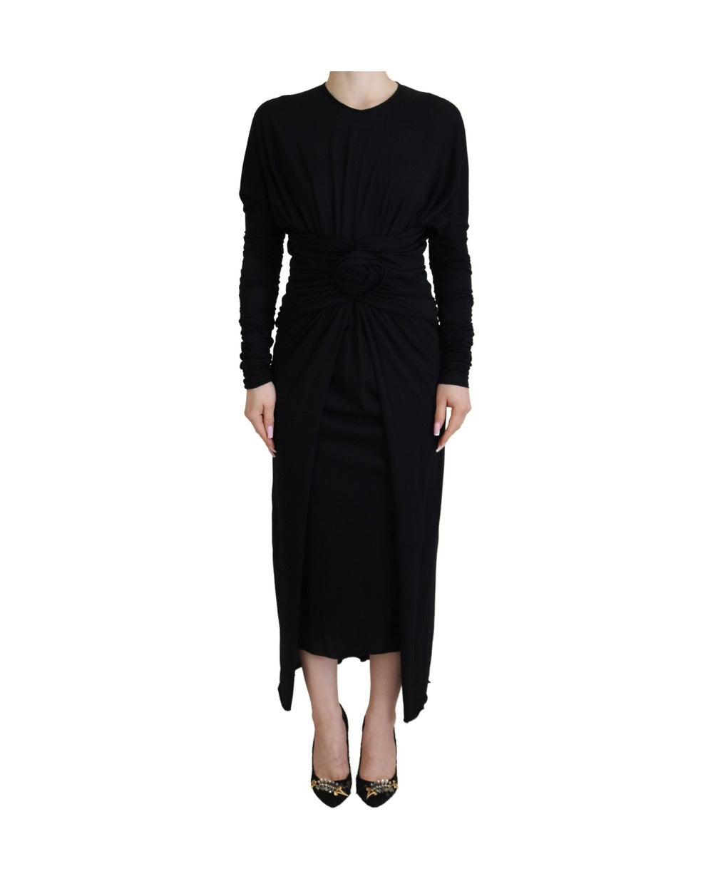 Dolce & Gabbana Black Sheath Midi Gown Wool Wrap Dress