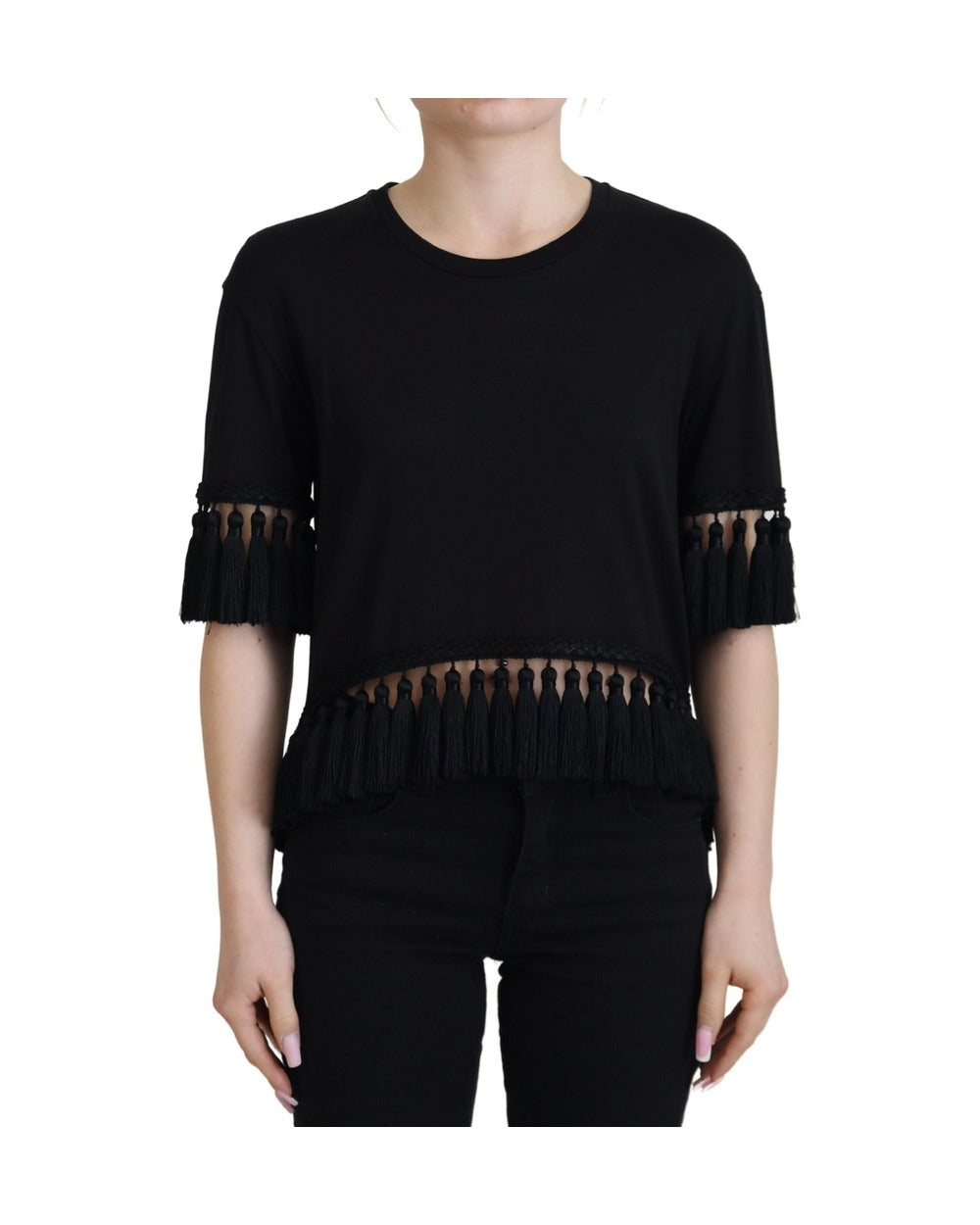 Dolce & Gabbana Black T-shirt Blouse Tassle Cotton Blouse