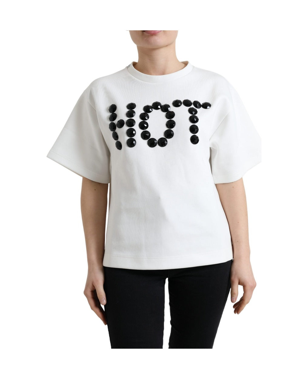 Dolce & Gabbana T-shirt White Cotton Stretch Black HOT Crystal