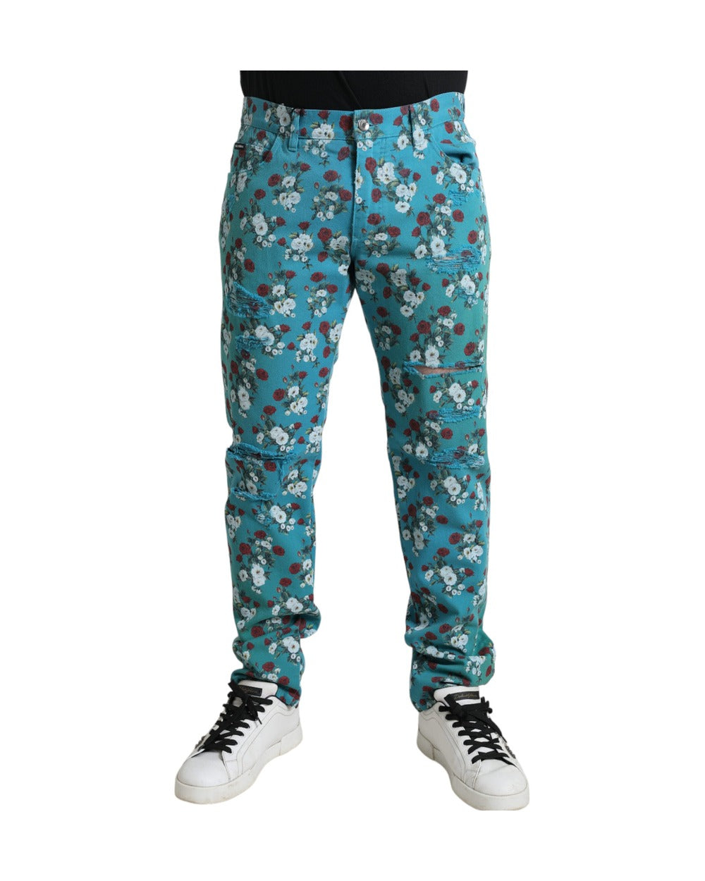 Dolce & Gabbana Blue Floral Print Skinny Cotton Denim Pants