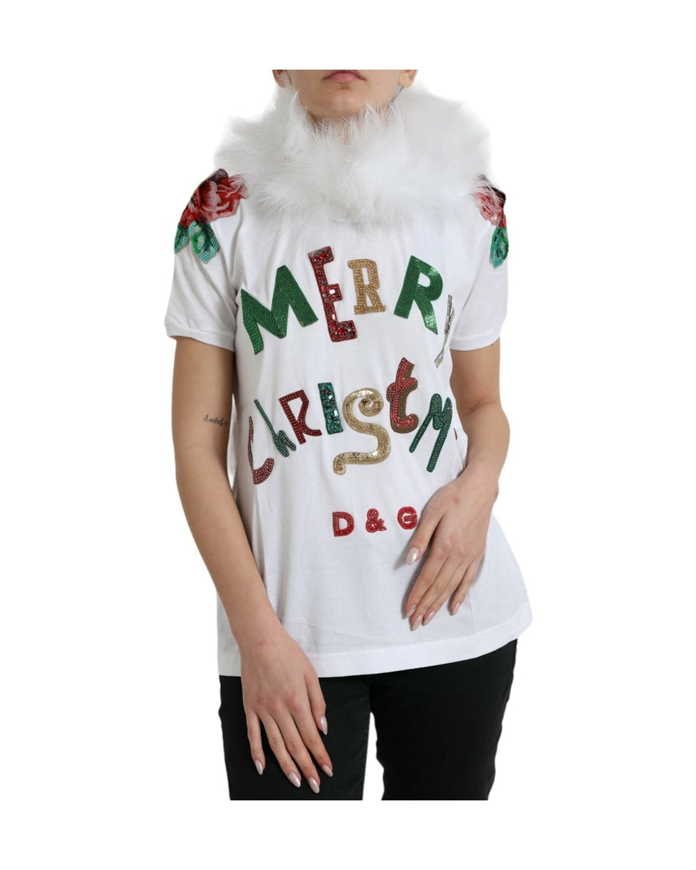 Dolce & Gabbana White Cotton Christmas Sequin Fur T-shirt