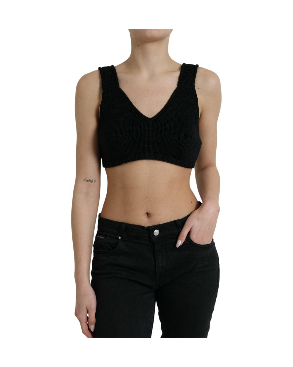 Dolce & Gabbana Black Cropped Cashmere V-neck Bustier Top