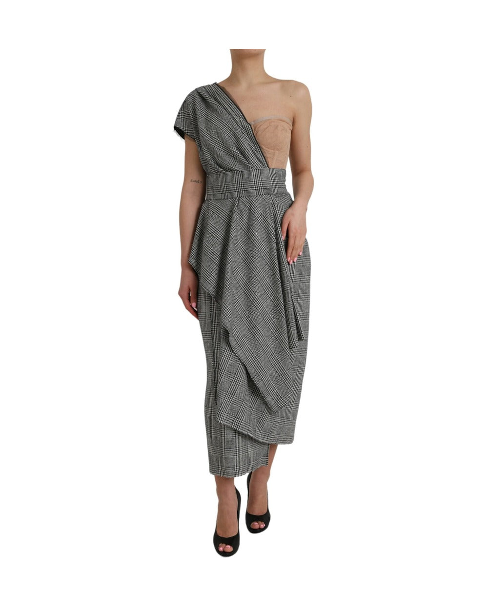 Dolce & Gabbana Gray Beige Layered One Shoulder Maxi Dress