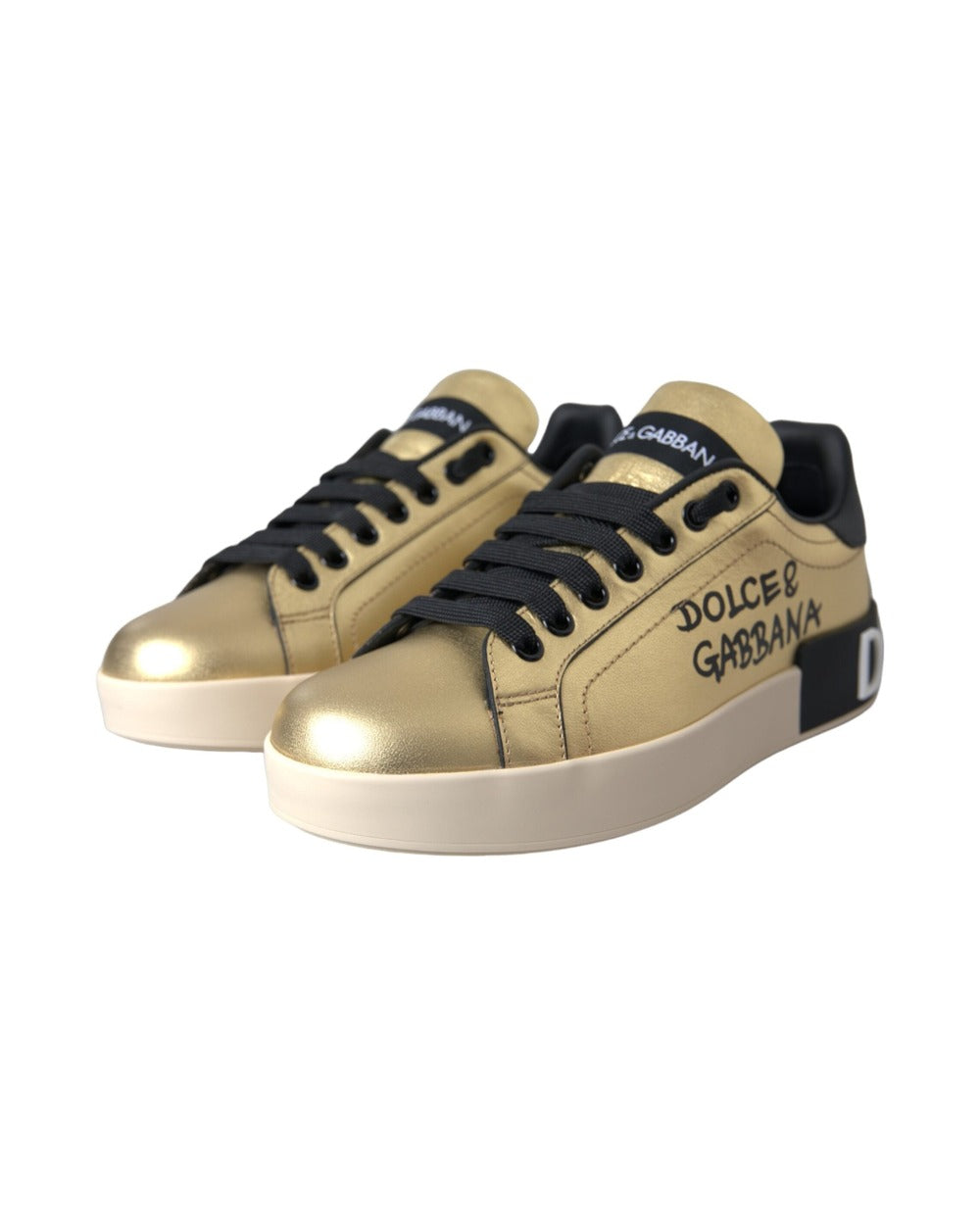 Dolce & Gabbana Gold Portofino Calf Leather Sneakers Women Shoes
