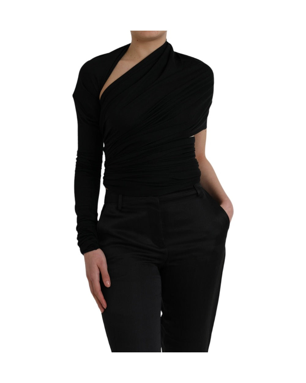 Dolce & Gabbana Black Wool Cutout Asymmetric Long Sleeve Top