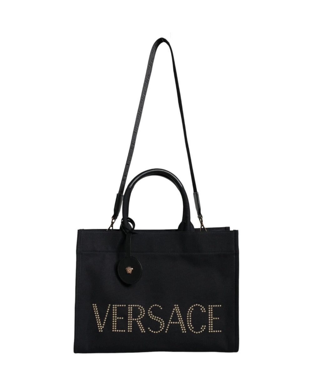 Versace Black Top Handle Canvas Leather Logo Crossbody Tote Bag