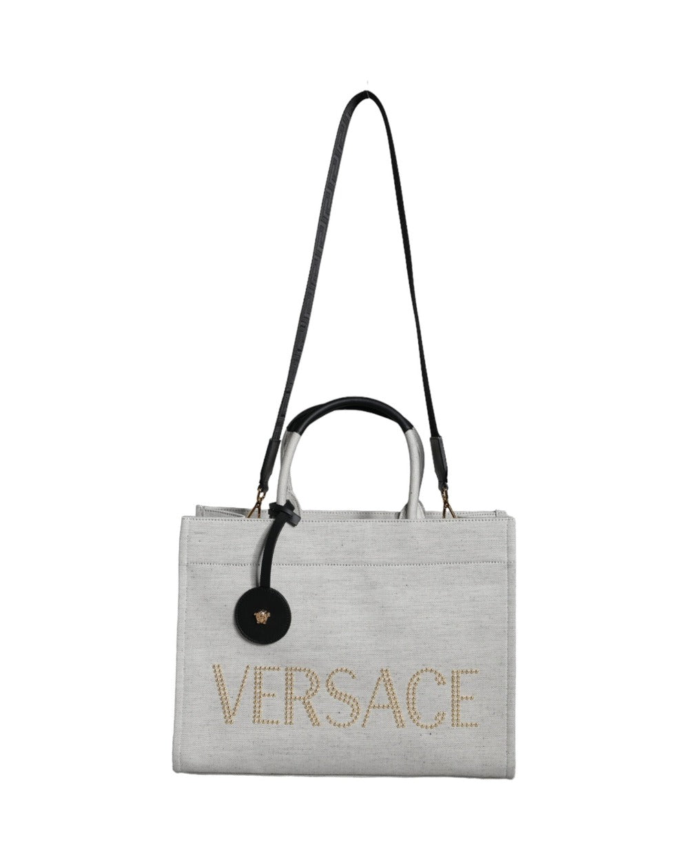 Versace White Top Handle Canvas Leather Logo Crossbody Tote Bag