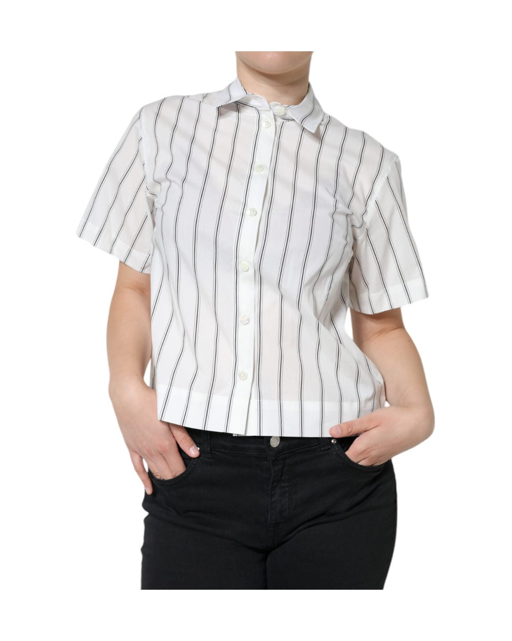 Dolce & Gabbana White Striped Collared Short Sleeve Polo Top