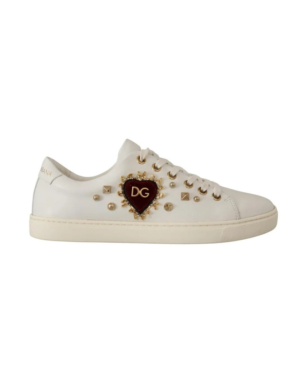 Dolce & Gabbana White Leather Gold Red Heart Sneakers Shoes