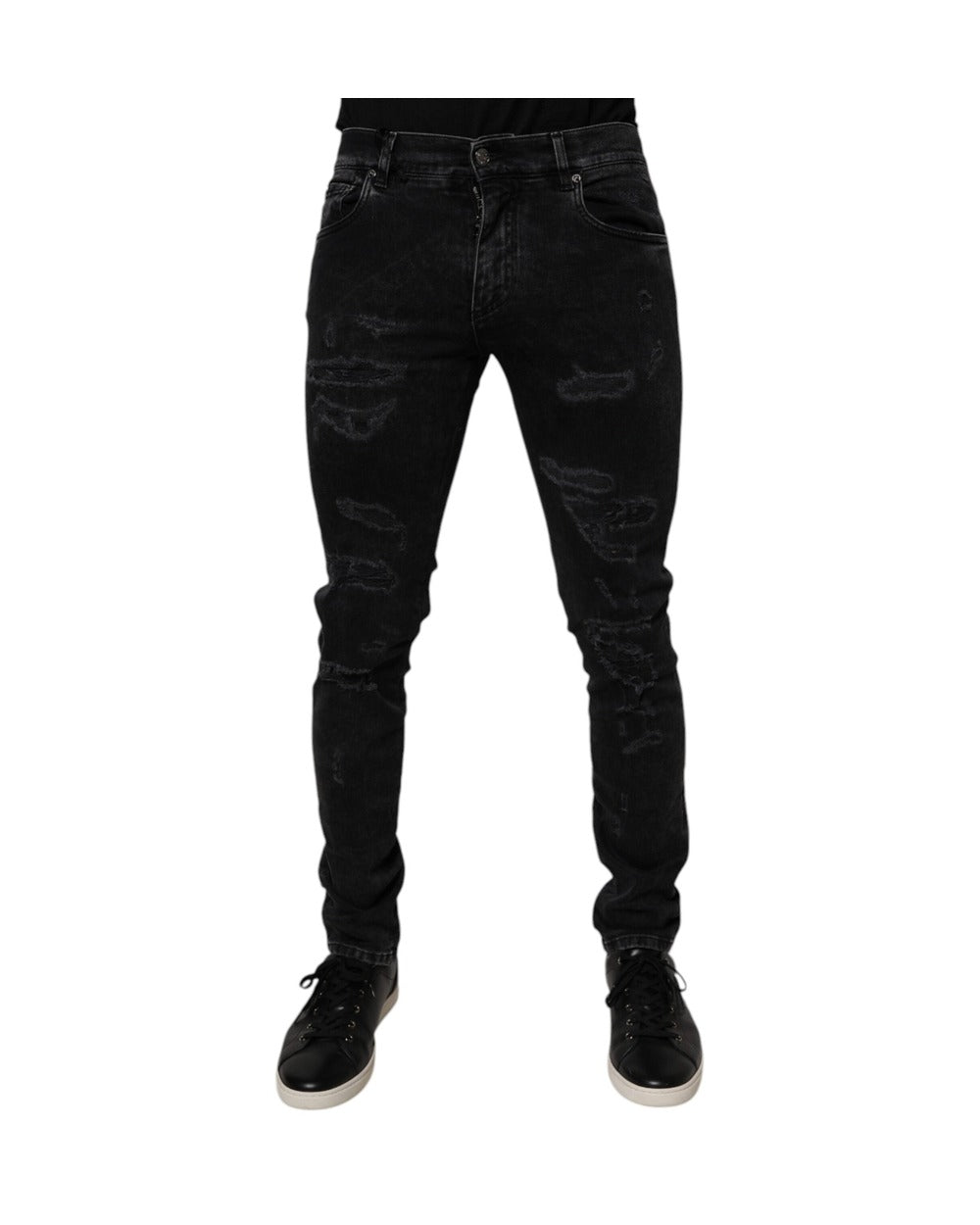 Dolce & Gabbana Black Tattered Cotton Skinny Men Denim Jeans