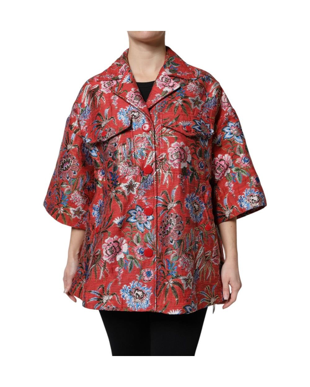 Dolce & Gabbana Red Floral Jacquard Button Down Coat Jacket