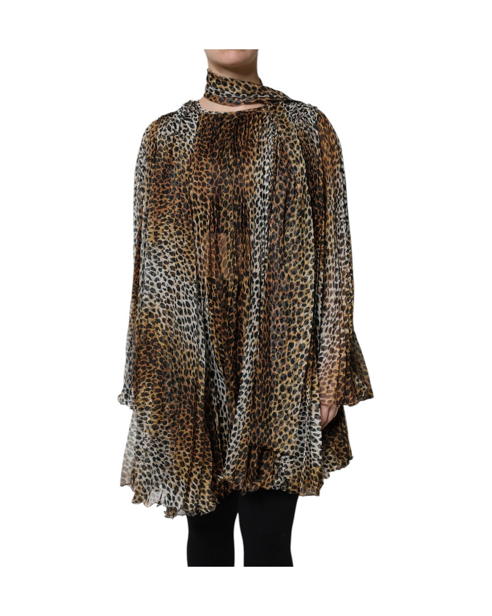 Dolce & Gabbana Brown Leopard Print Scarf Collared Chiffon Dress