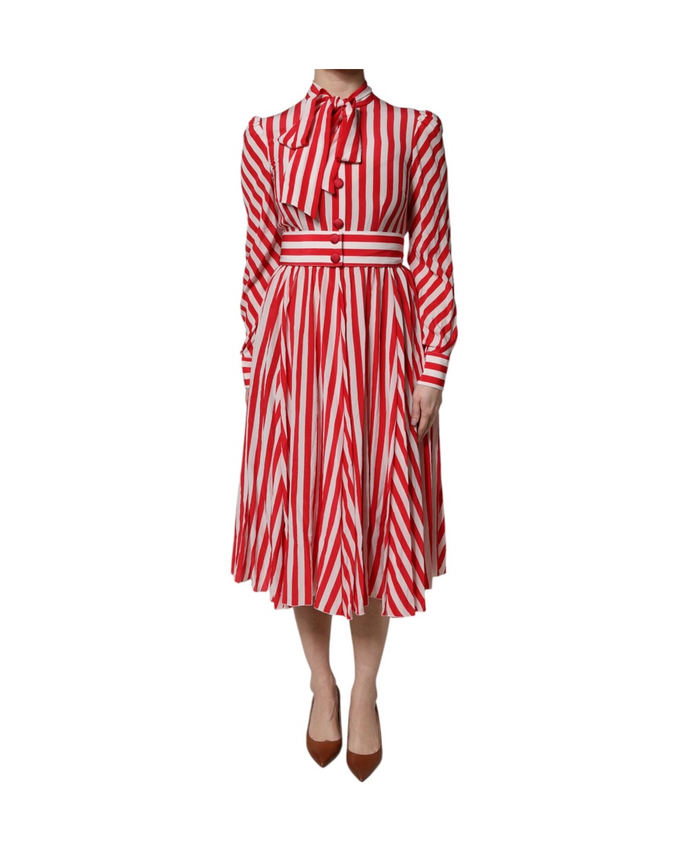 Dolce & Gabbana White Red Stripes Long Sleeves Midi Dress