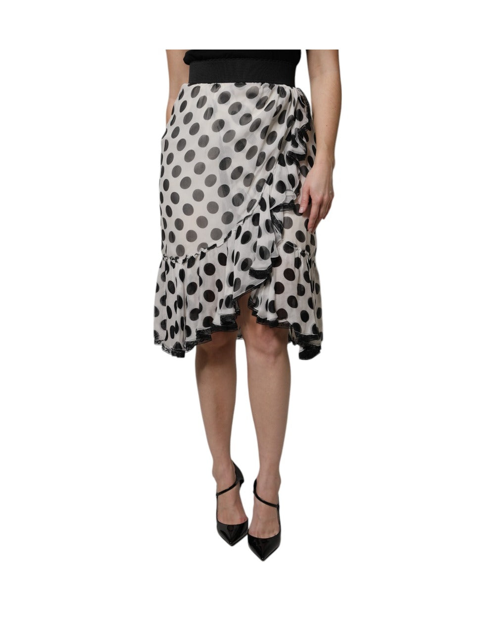 Dolce & Gabbana White Black Polka Dots Knee Length Skirt