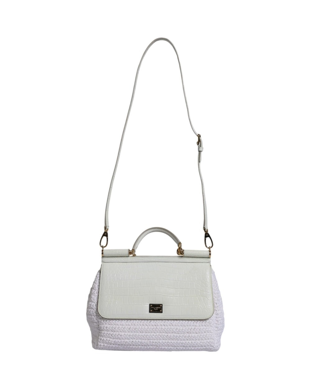 Dolce & Gabbana White Rafia Leather Top Handle Crossbody Bag