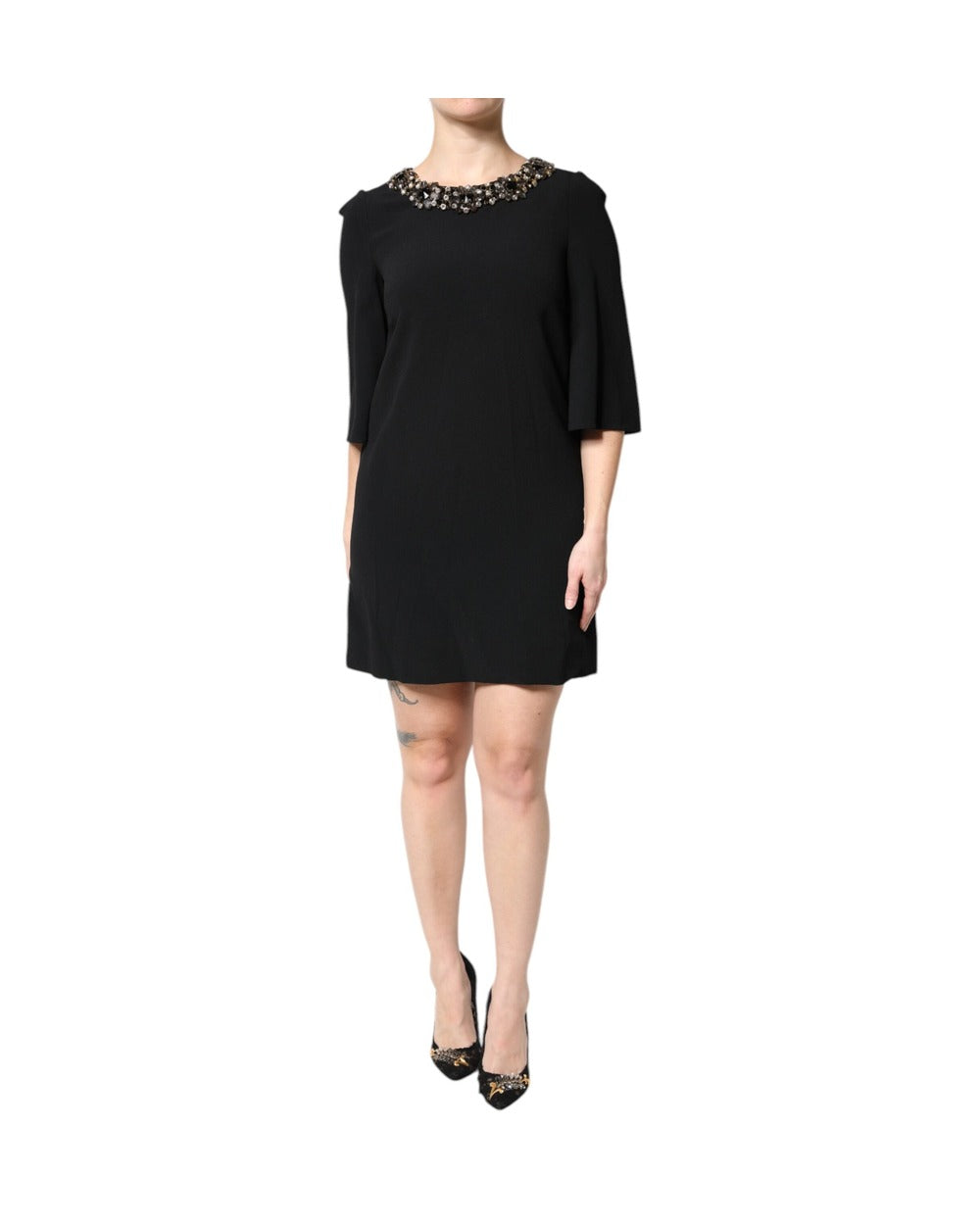 Dolce & Gabbana Black Crystal Embellished Round Neck Mini Dress