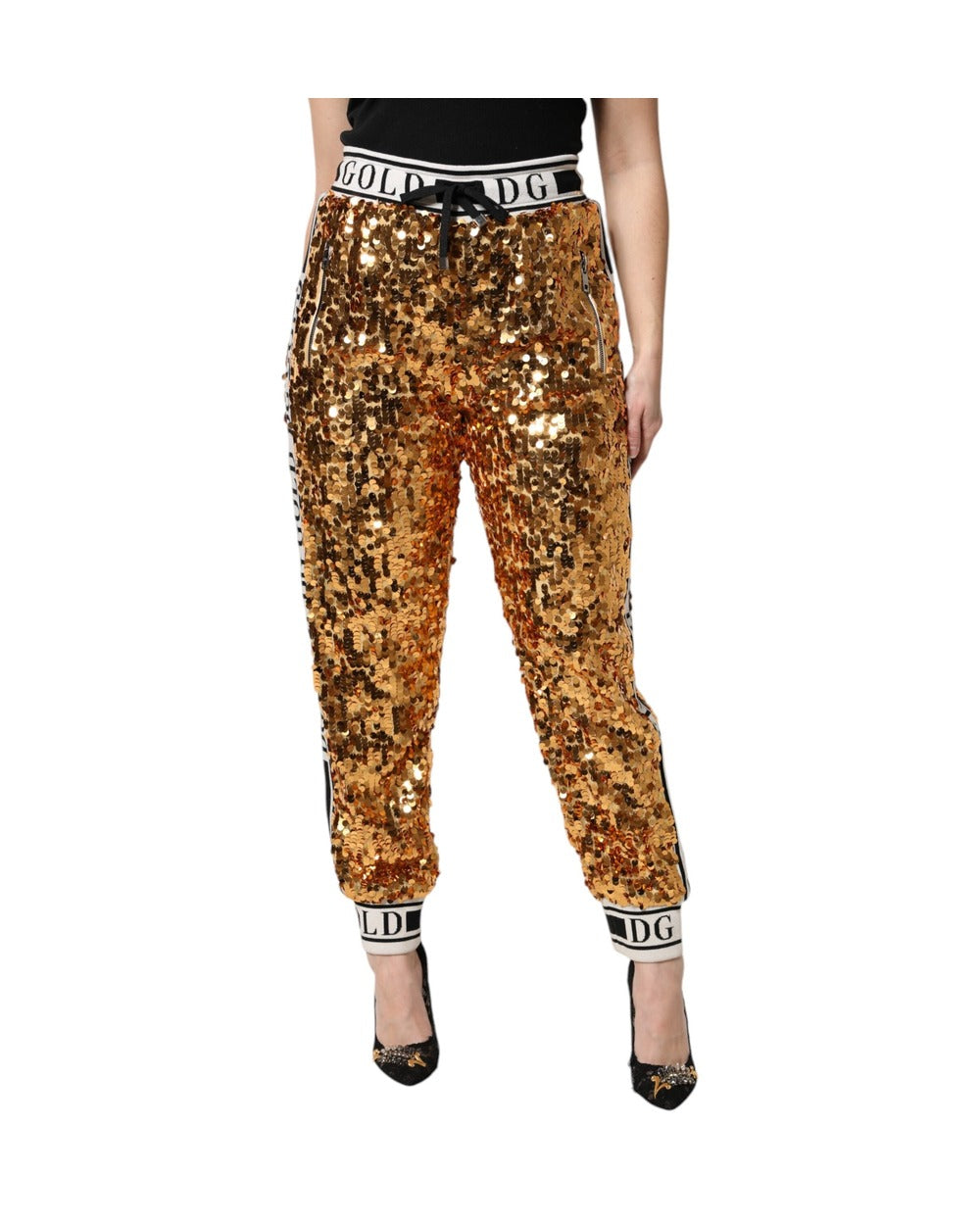 Dolce & Gabbana Metallic Gold DG Logo Sequined Jogger Pants