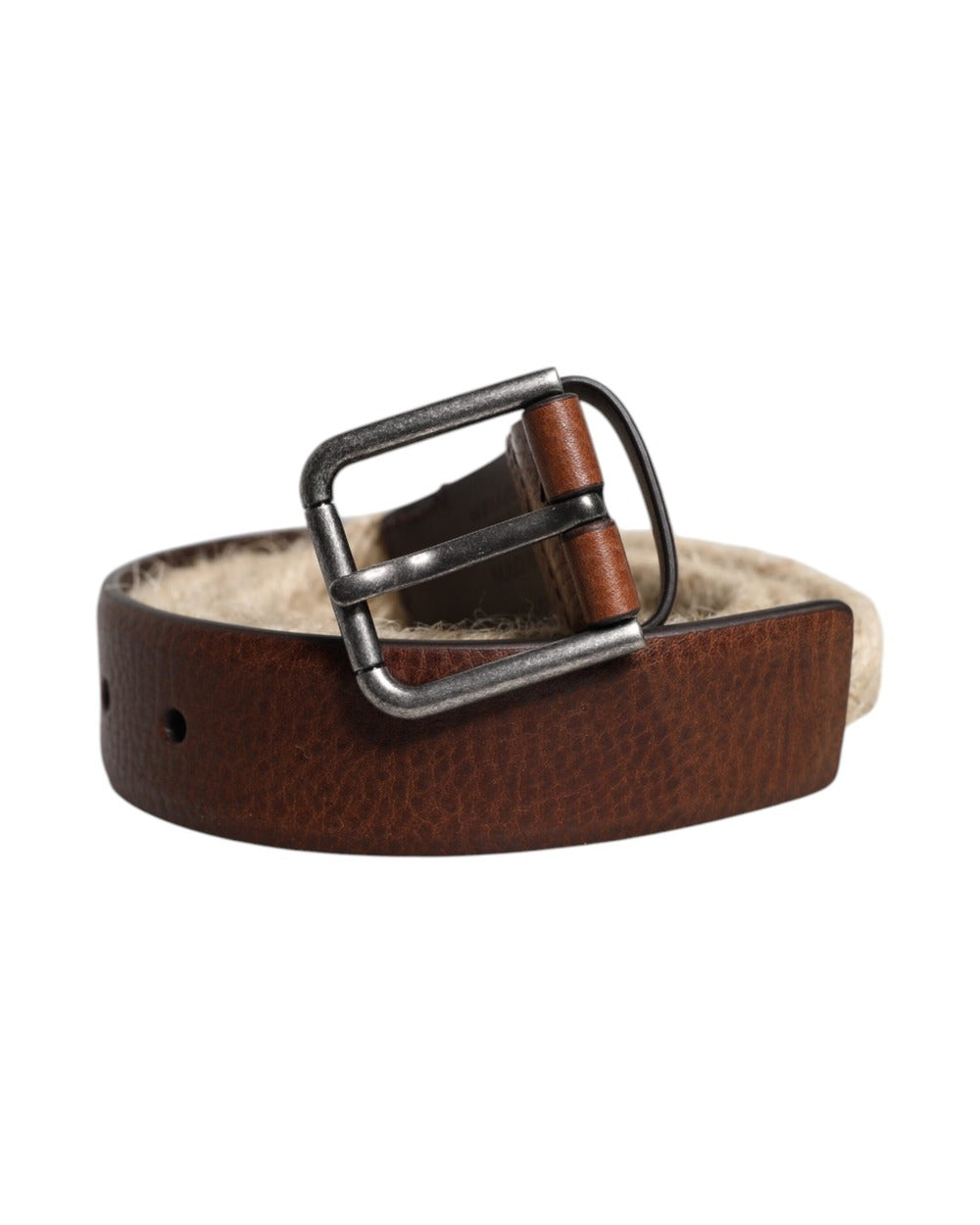 Dolce & Gabbana Brown Jute Leather Woven Metal Buckle Belt
