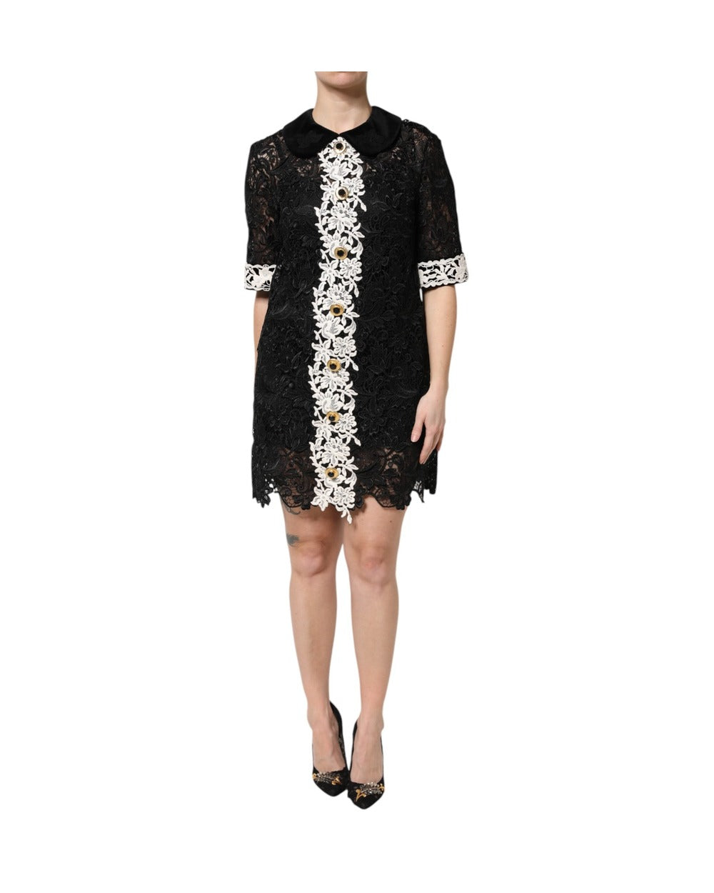 Dolce & Gabbana Black Floral Lace Embellished Mini Dress