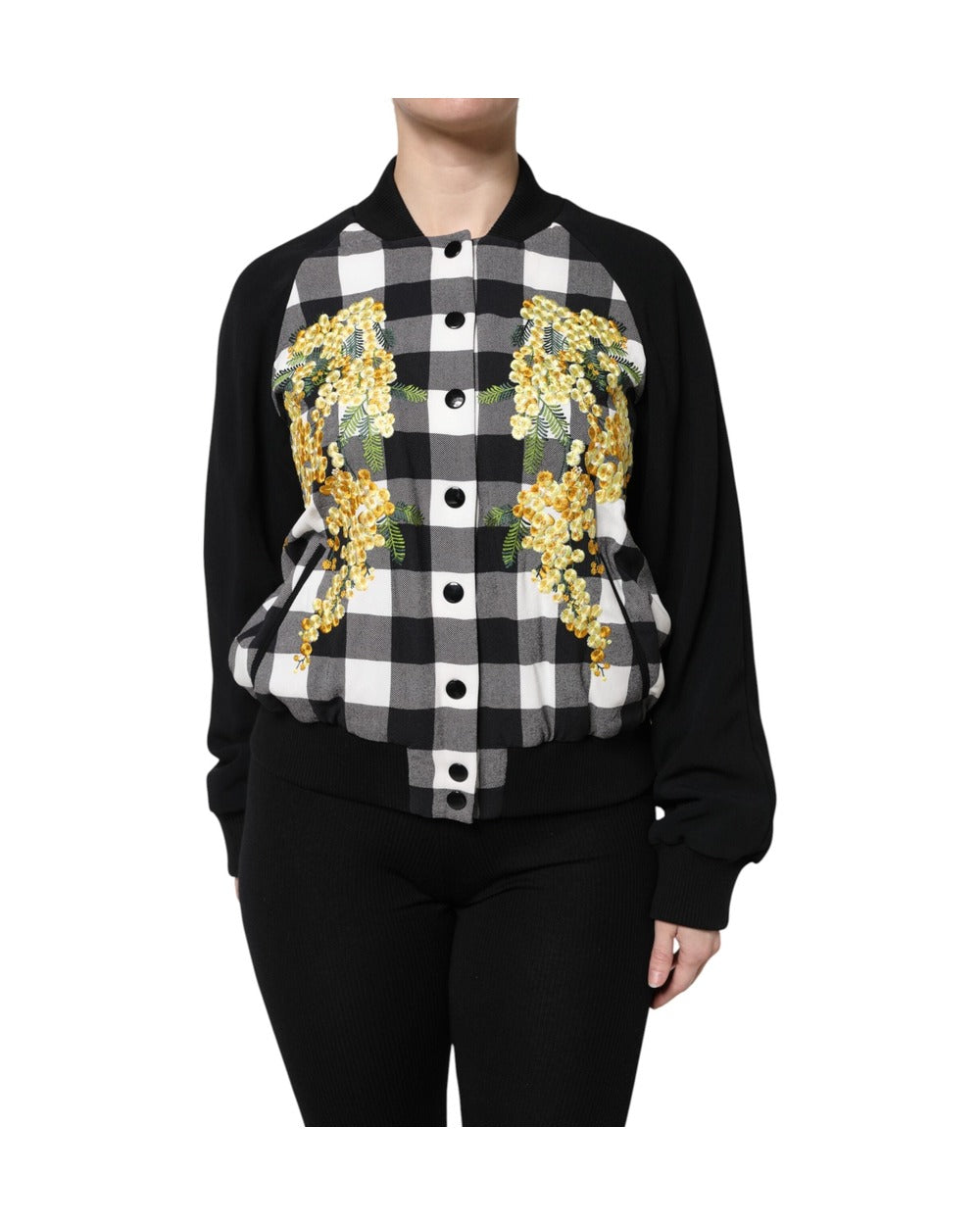 Dolce & Gabbana Black White Check Floral Button Down Jacket