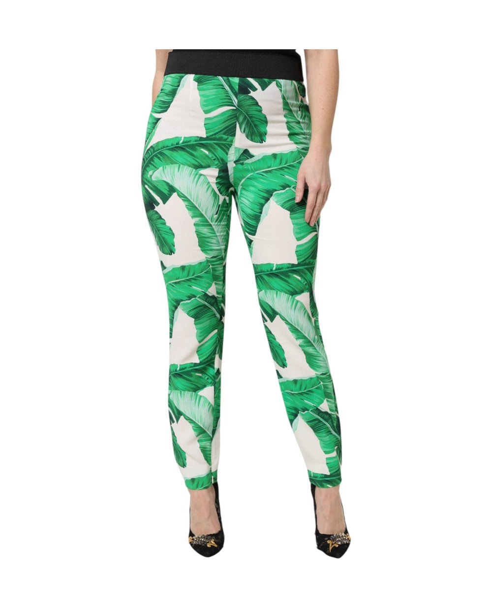 Dolce & Gabbana White Green Leaf High Waist Pants