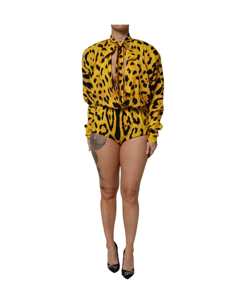 Dolce & Gabbana Yellow Leopard Long Sleeves Jumpsuit Dress