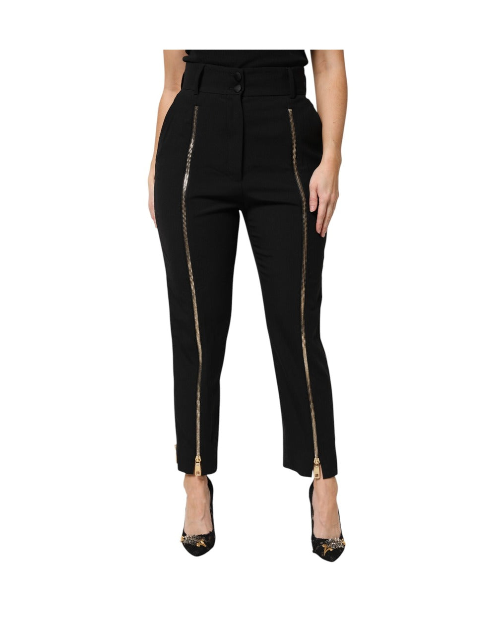 Dolce & Gabbana Black Wool High Waist Zipper Tapered Pants
